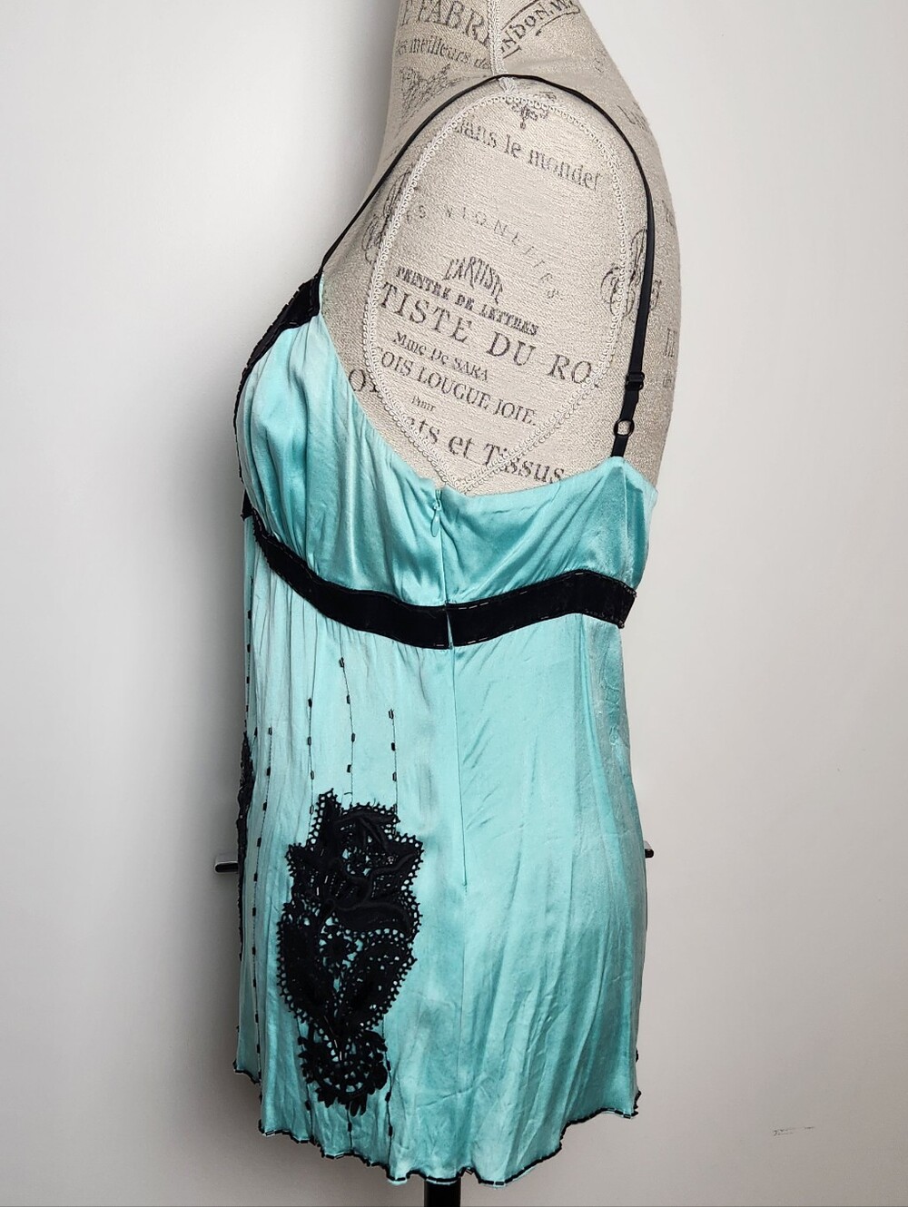 Blue Silk Lace Velvet Beaded Camisole - Picture 3 of 13